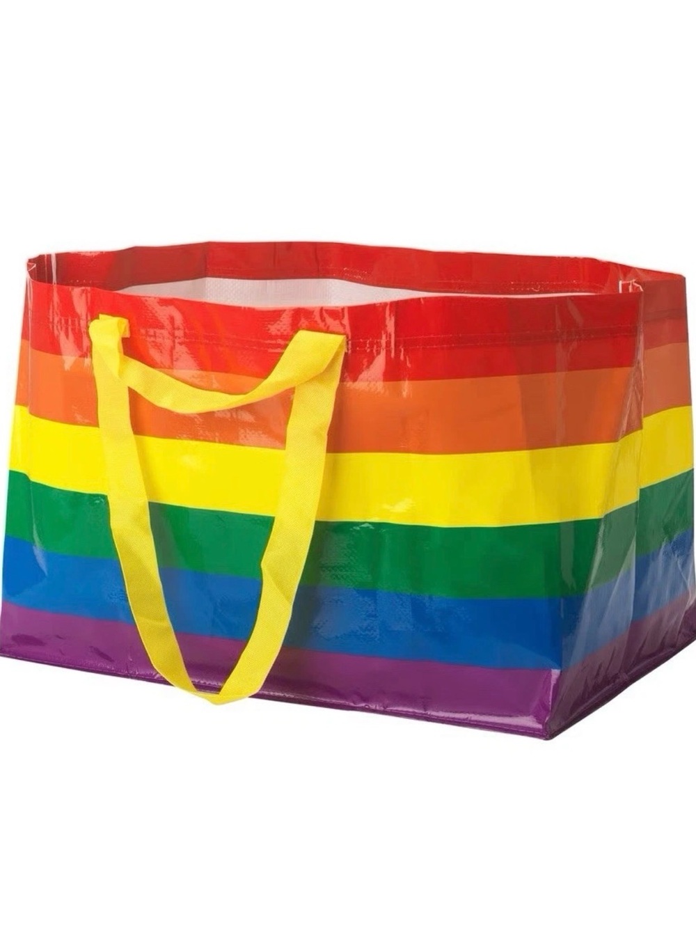 IKEA Rainbow Striped Storage Tote Bag with Yellow Handles